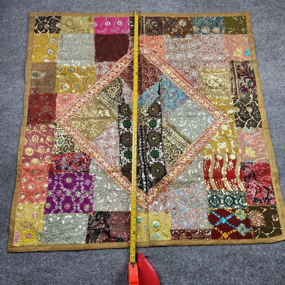 Indian Patchwork Wall Hanging Vintage Sari Sequin Embroidery Tapestry 36x37